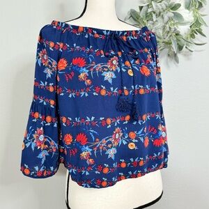 Flying Tomato Blue Floral Vibrant Peasant Tassel Blouse Dark Blue & Orange